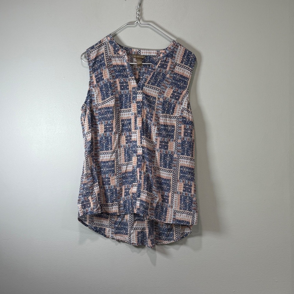 Bit & Bridle Womens Large Navy Blue Peach Geometric Patchwork Sleeveless Blouse‎